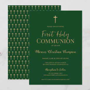 Invitación Elegante Cruz Verde de Oro Primera comunión santa