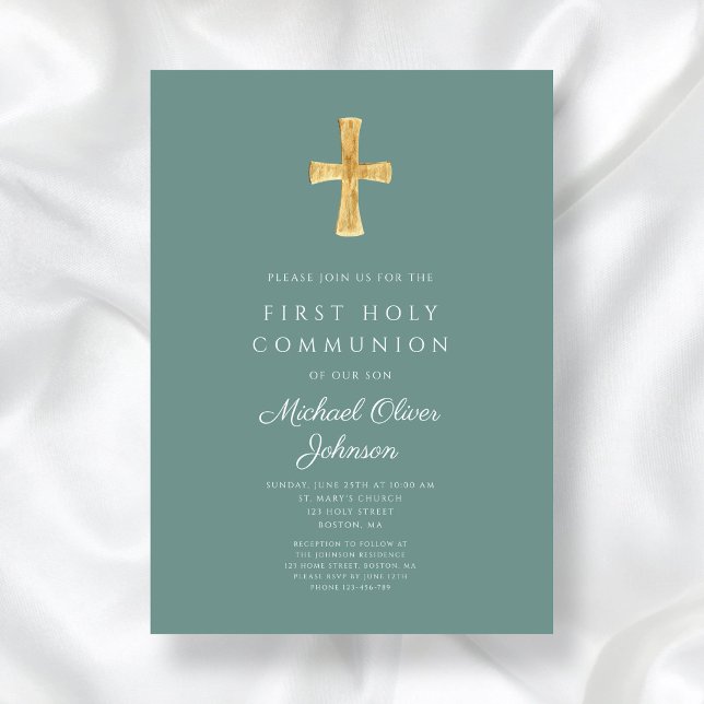 Invitación Elegante Cruz Verde Primero Santa Comunión (Elegant Green Cross Boy First Holy Communion Invitation)