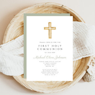 Invitación Elegante cruz verde sabia Primera comunión religio