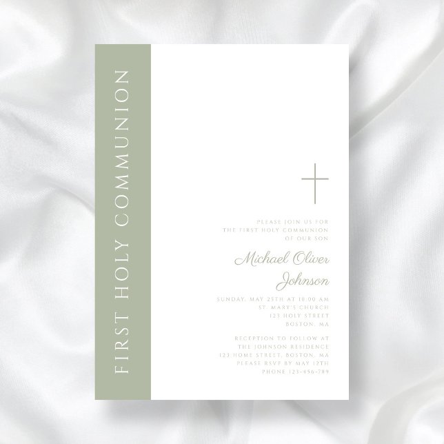 Invitación Elegante cruz verde sabia primera comunión sagrada (Elegant Sage Green Cross First Holy Communion Invitation)