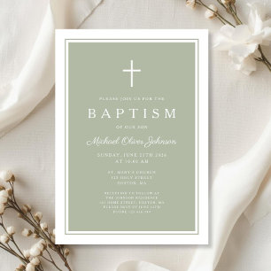 Invitación Elegante Cruz Verde Salvia Bautizo Niño