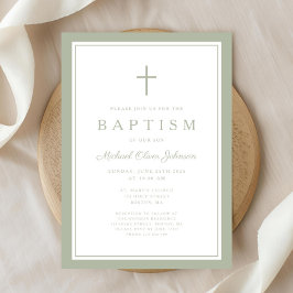 Invitación Elegante Cruz Verde Salvia Bautizo Niño