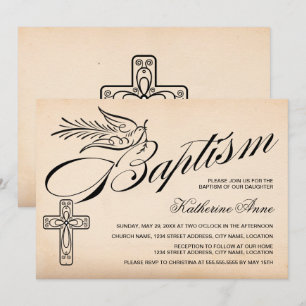 Invitación Elegante Cruz y Paloma de Escritura Antigua Bautiz