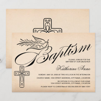 Invitación Elegante Cruz y Paloma de Escritura Antigua Bautiz