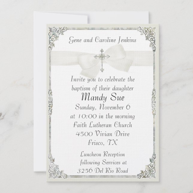 Invitación elegante cruzada blanca del bautismo (Anverso)