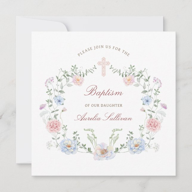 Invitación Elegante Cuadrado de Baptismo de Marco Floral (Anverso)