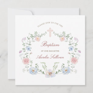 Invitación Elegante Cuadrado de Baptismo de Marco Floral