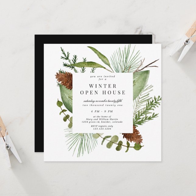 Invitación Elegante cuadrado de vegetación invernal de Open H (Anverso/Reverso In Situ)