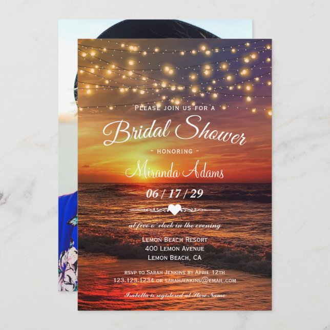 Invitación Elegante cuerda de playa iluminada ducha de novias (Anverso / Reverso)