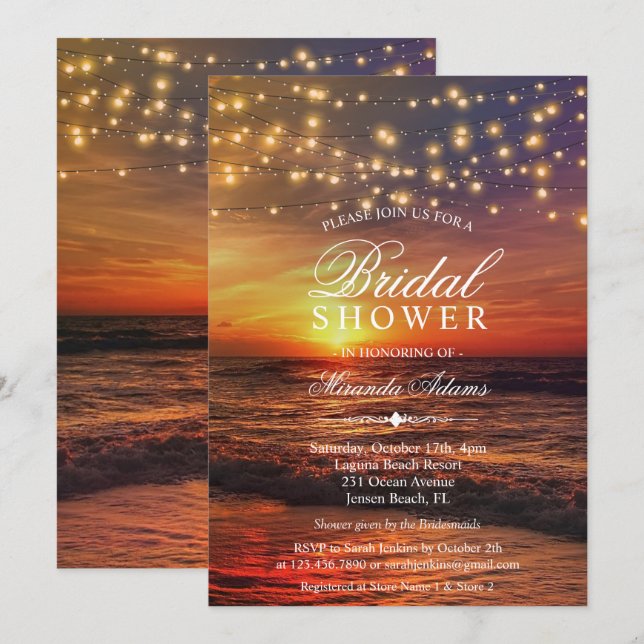 Invitación Elegante cuerda de playa iluminada ducha de novias (Anverso / Reverso)