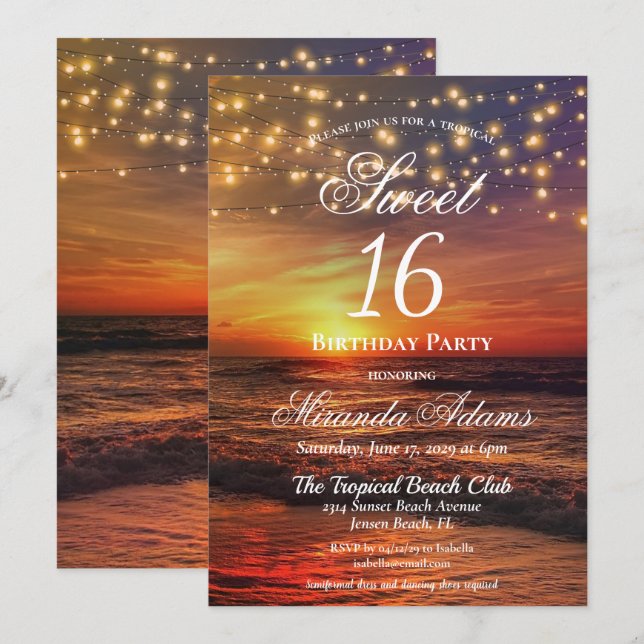 Invitación Elegante cuerda de playa iluminando fiesta de cump (Anverso / Reverso)