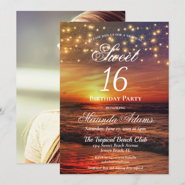 Invitación Elegante cuerda de playa iluminando fiesta de cump (Anverso / Reverso)