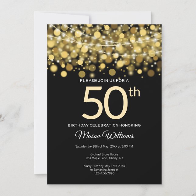 Invitación Elegante cuerda Purpurina de oro ilumina 50 cumple (Anverso)