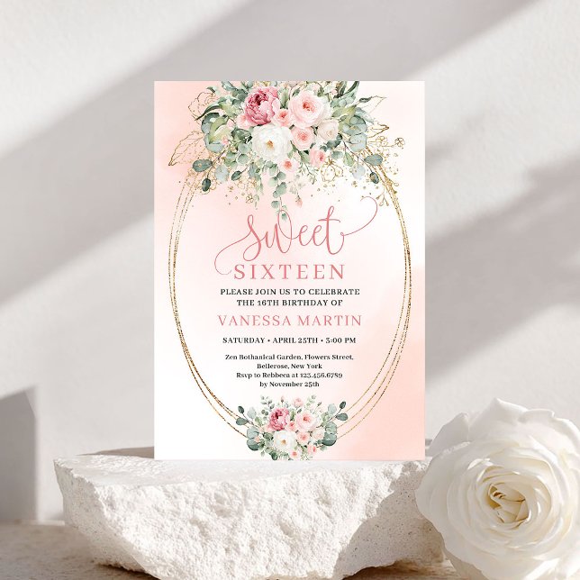 Invitación Elegante Cumple 16 Rosa y Dorado (Elegant Blush Rose Gold Sweet Sixteen Invitation)