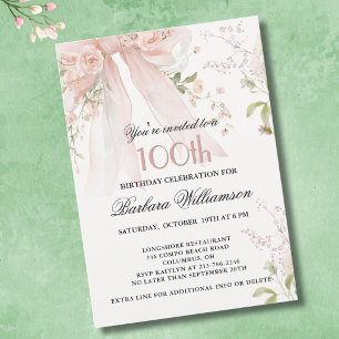 Invitación Elegante Cumpleaños 100 Años Floral Rosa Acuarela