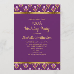 Invitación Elegante Cumpleaños 100 con Floral Purpúrea y Dora