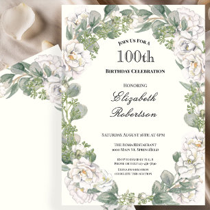 Invitación Elegante Cumpleaños 100 de Mujer con Borde Floral