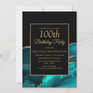Invitación Elegante Cumpleaños 100 en mármol negro azul verdo
