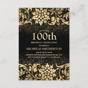 Invitación Elegante Cumpleaños 100 en Negro Oro Floral Brilla