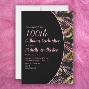Invitación Elegante Cumpleaños 100 Negro Rosa Dorado