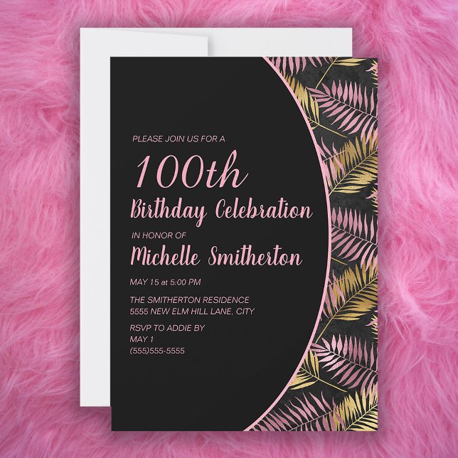 Invitación Elegante Cumpleaños 100 Negro Rosa Dorado (Subido por el creador)