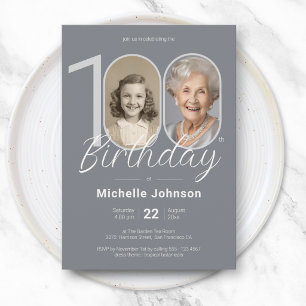 Invitación Elegante Cumpleaños 100 Personalizado en Plata
