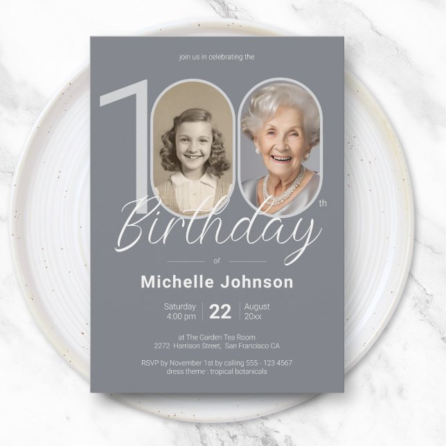 Invitación Elegante Cumpleaños 100 Personalizado en Plata (Elegant Silver Custom Photo 100th Birthday Invitation)