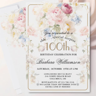 Invitación Elegante Cumpleaños 100 Sorpresa Floral Pintado 