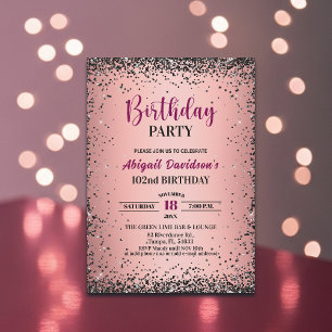 Invitación Elegante Cumpleaños 102 con Brillo Metálico Rosa