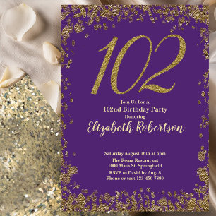 Invitación Elegante Cumpleaños 102 en Púrpura y Dorado