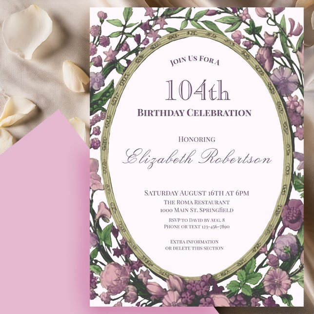 Invitación Elegante Cumpleaños 104 de Mujer con Borde Floral  (Subido por el creador)