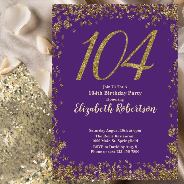 Invitación Elegante Cumpleaños 104 Morado y Dorado (Subido por el creador)