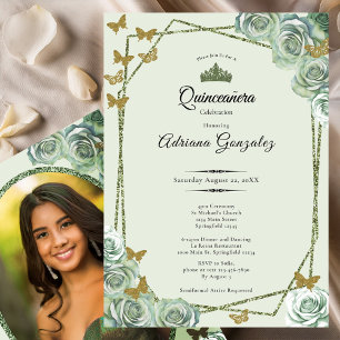 Invitación Elegante cumpleaños 15 años verde sage dorado Quin
