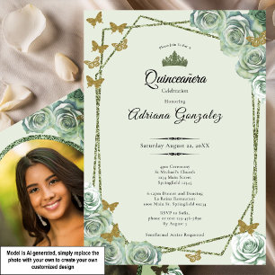 Invitación Elegante cumpleaños 15 años verde sage dorado Quin