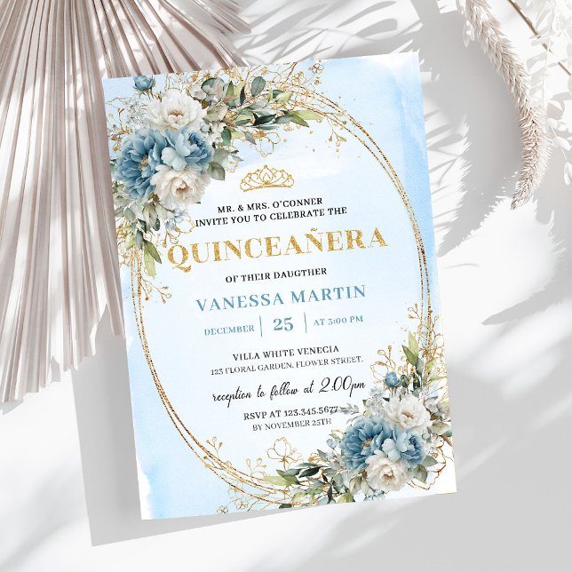 Invitación Elegante Cumpleaños 15 Dusty Blue Gold Greenery  (Graceful Dusty Blue Gold Greenery 15th Birthday Invite

)