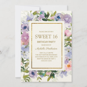 Invitación Elegante Cumpleaños 16 Azul Púrpura Floral Dorado