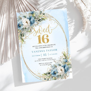Invitación Elegante Cumpleaños 16 Dulce Dusty Blue con Verde 