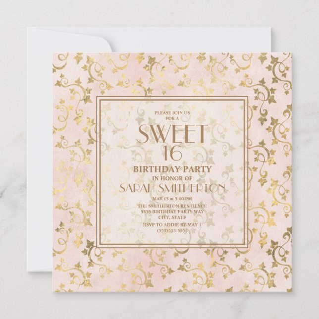 Invitación Elegante Cumpleaños 16 Rosa Dorado (Anverso)