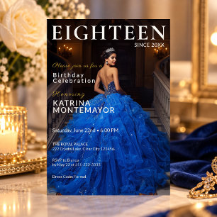 Invitación Elegante Cumpleaños 18 Azul Real Oro Revista