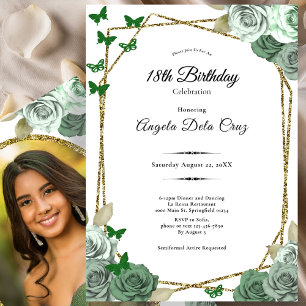 Invitación Elegante Cumpleaños 18 Debut Rosa Verde Salvia Dor