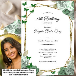 Invitación Elegante Cumpleaños 18 Debut Rosa Verde Salvia Dor