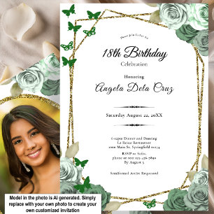 Invitación Elegante Cumpleaños 18 Debut Rosa Verde Salvia Dor