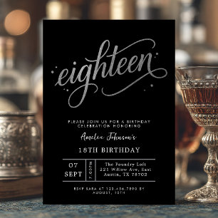 Invitación Elegante Cumpleaños 18 Dieciocho Negro y Plata