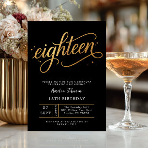 Invitación Elegante Cumpleaños 18 en Letra Negra y Dorada