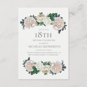 Invitación Elegante Cumpleaños 18 Floral Crema Marfil