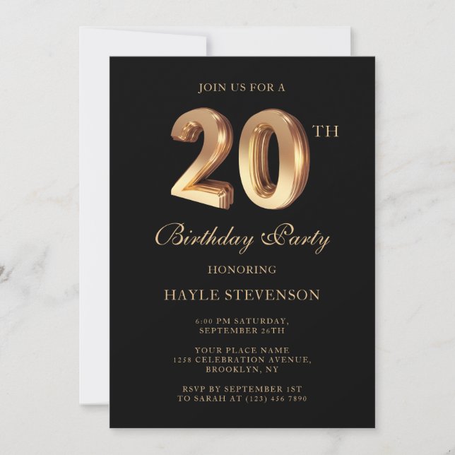 Invitación Elegante Cumpleaños 20 Chic Negro & Oro de Lujo (Anverso)