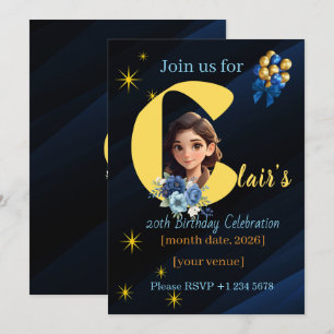 Invitación Elegante Cumpleaños 20 en Azul Real y Dorado