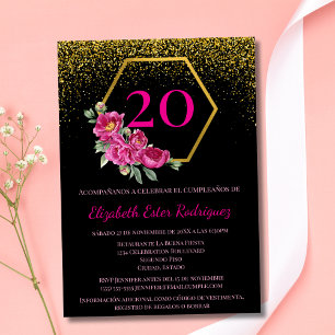 Invitación Elegante Cumpleaños 20 en Negro Dorado Rosa Españo
