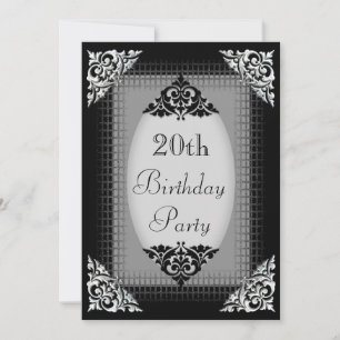 Invitación Elegante Cumpleaños 20 Negro y Plata
