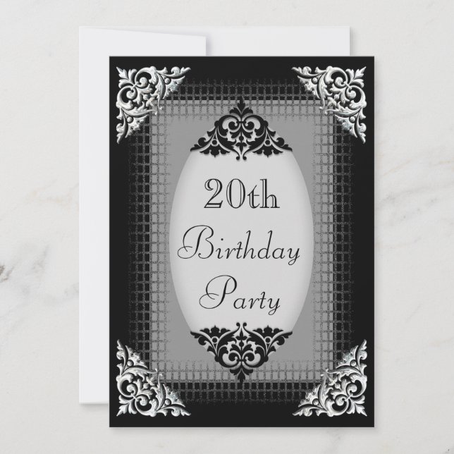 Invitación Elegante Cumpleaños 20 Negro y Plata (Anverso)